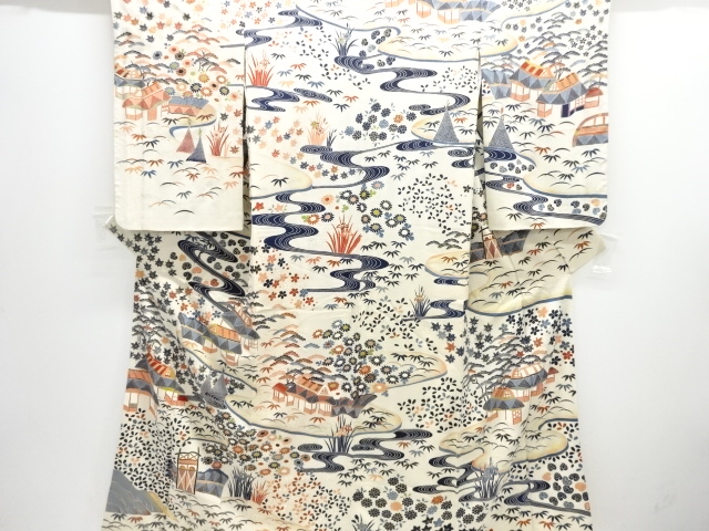 JAPANESE KIMONO / SILK / KINSHA / TAISHO ROMAN STYLE / STREAM & SCENERY OF HOUSES / SINGLE CREST